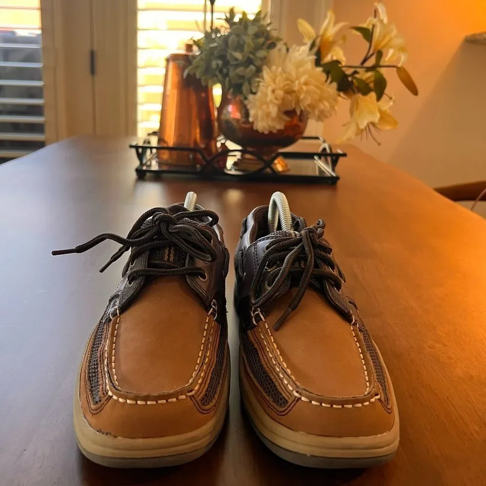 Thom McAn Men's Kiel Brown/Tan Casual Lace-Up Comfy Leather Mesh Boat Shoes 7M